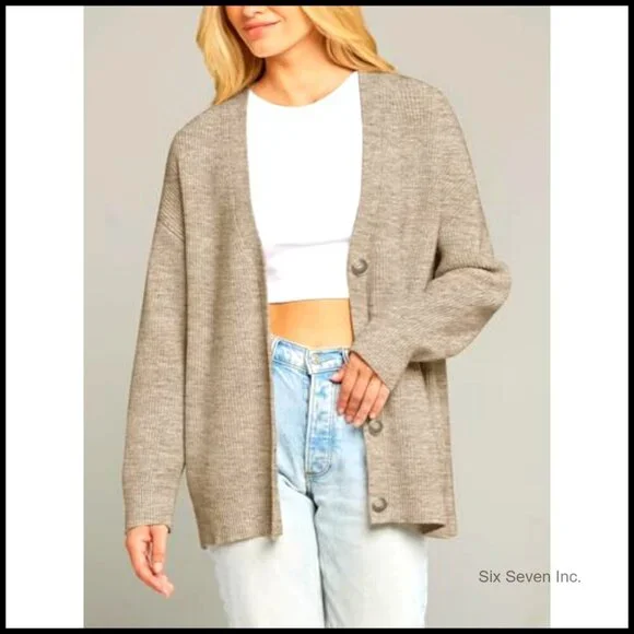 Oversized V Neck Cardigan Open Front Loose Knit Soft Cozy Fall Sweater - Picture 4 of 7